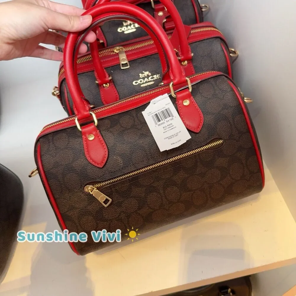 NWT Coach Rowan Satchel In Signature Canvas CV961 Walnut /Bold Red - Picture 2 of 9